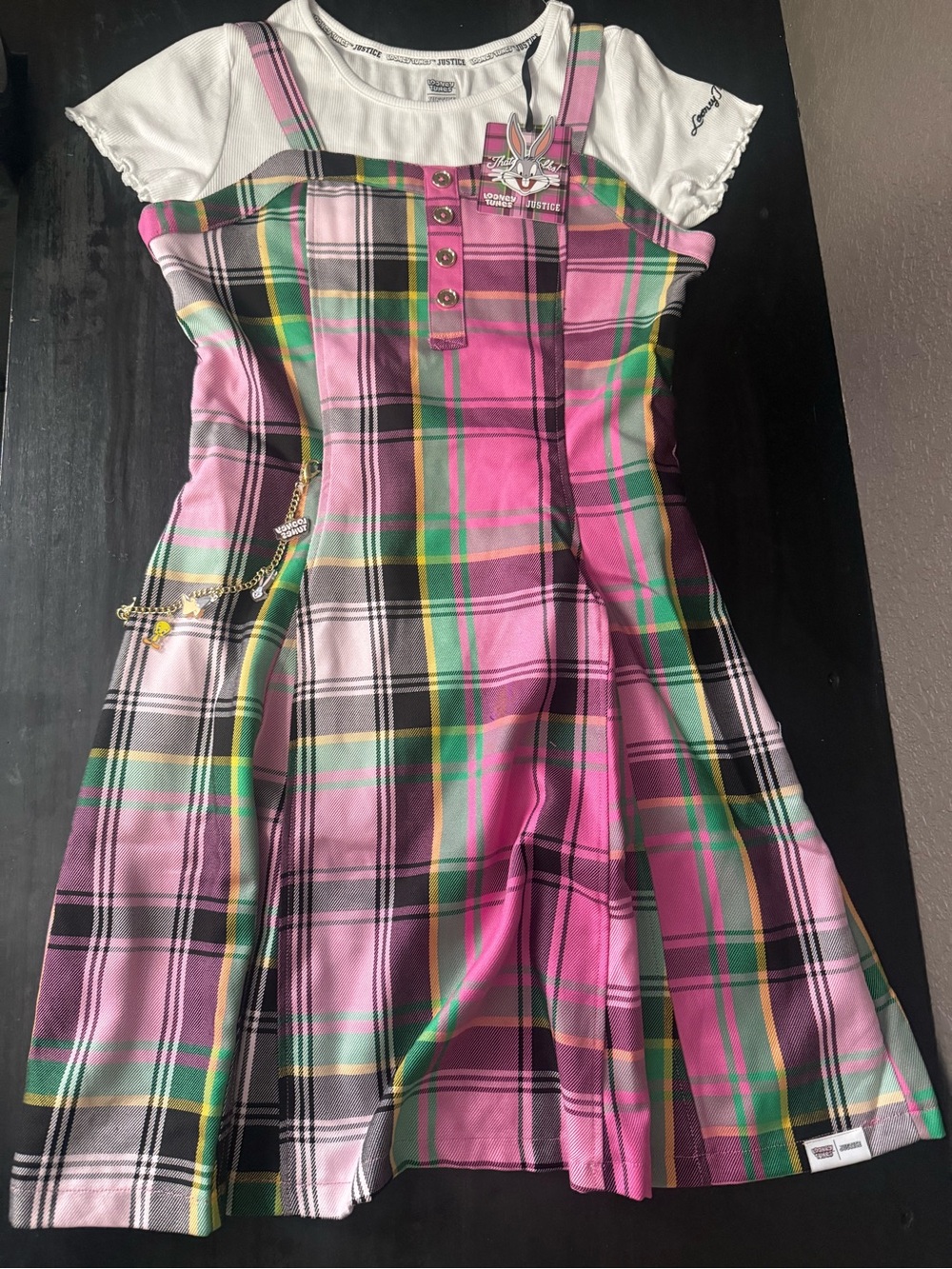 Justice Girls' Pink Plaid Pinafore Dress with White Tee size XL (16/18)
